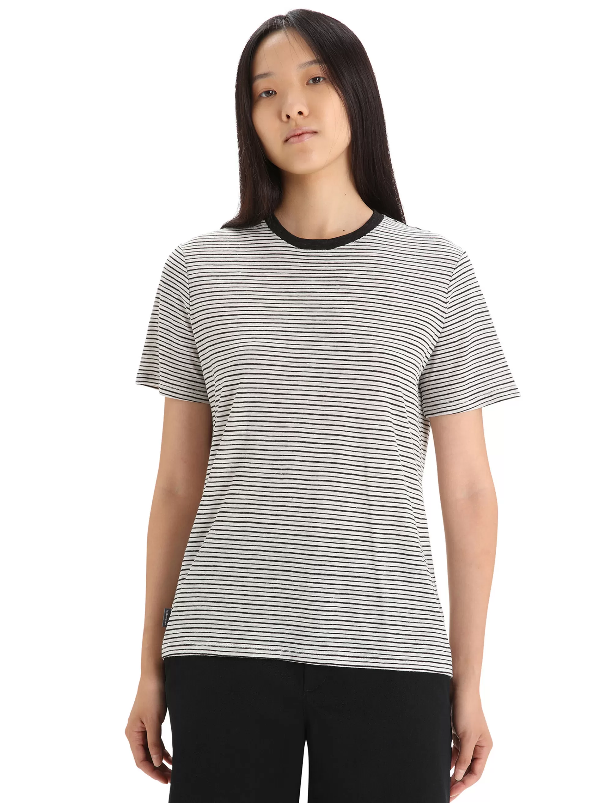 New Icebreaker Merino Leinen T-Shirt Stripe Damen Snow/Black