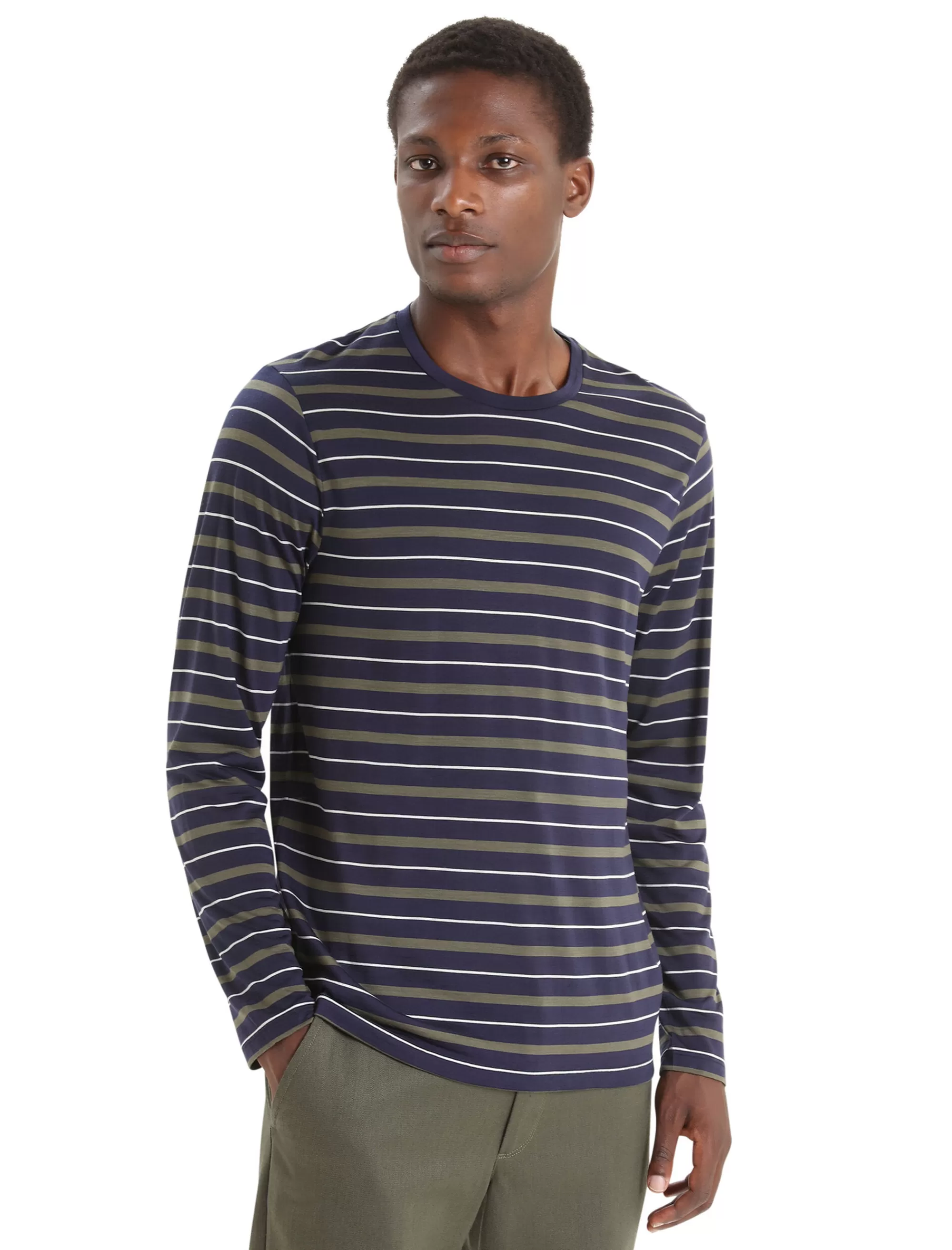 Outlet Icebreaker Merino Wave Langarmshirt Stripe Herren Midnight Navy/Loden