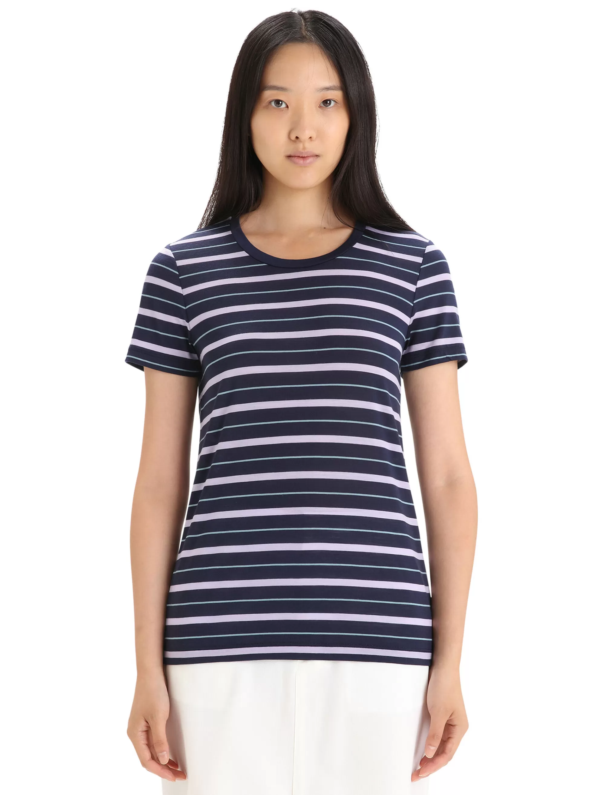 Online Icebreaker Merino Wave T-Shirt Stripe Damen Midnight Navy/Purple Gaze