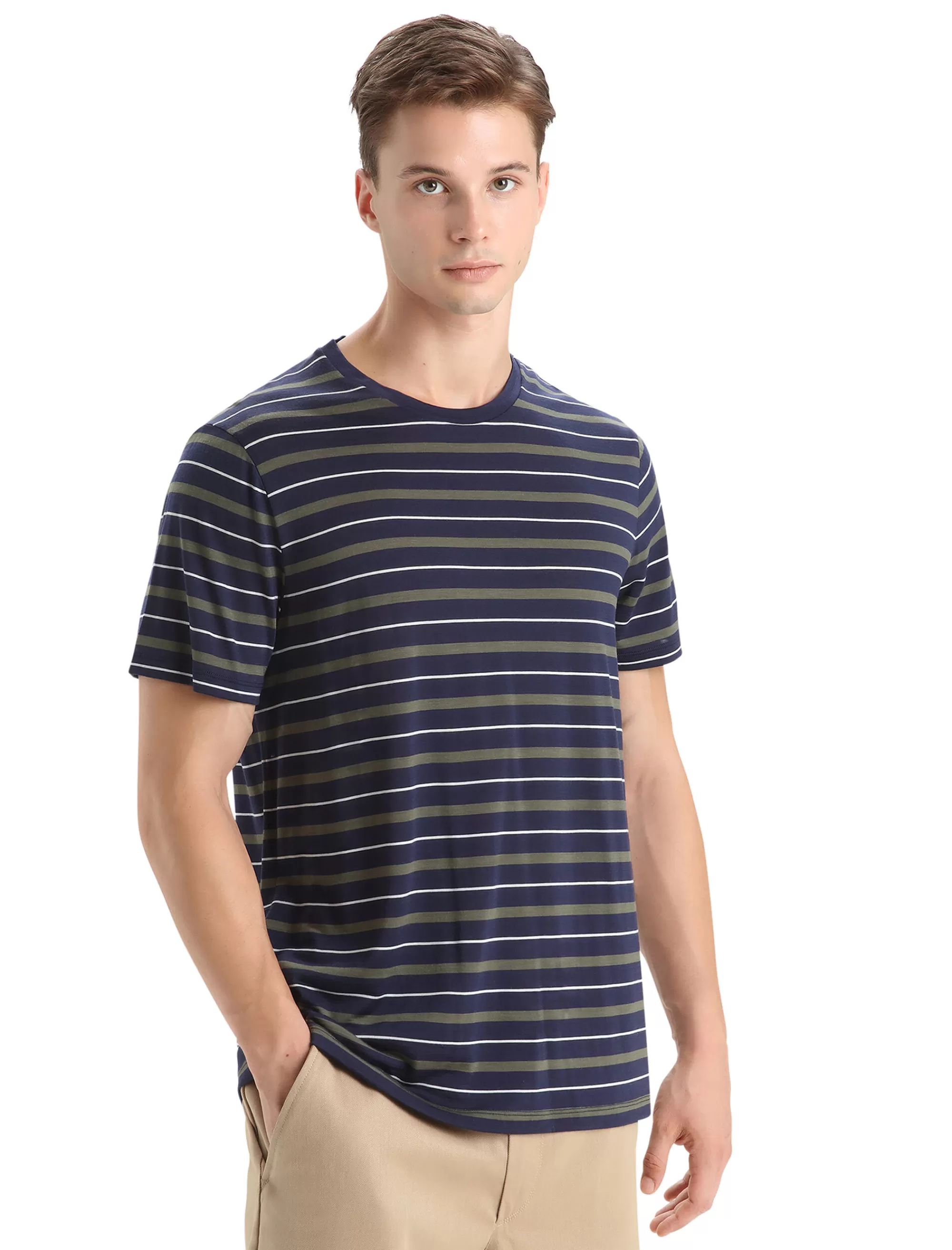 New Icebreaker Merino Wave T-Shirt Stripe Herren Midnight Navy/Loden